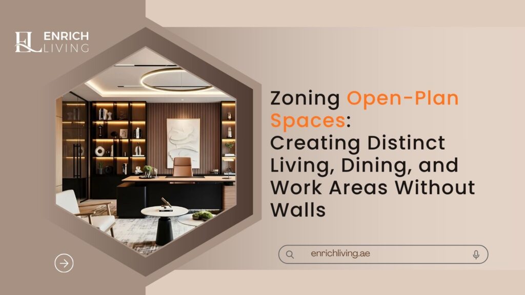 Open-plan home with distinct living, dining and work areas in Dubai