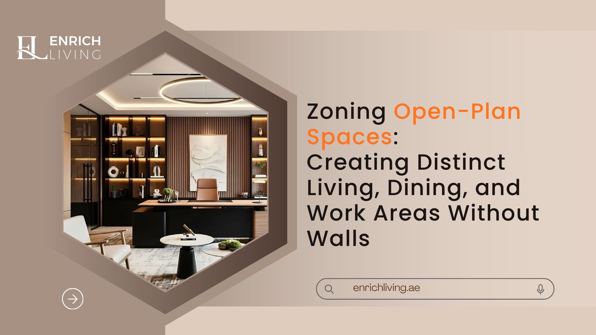 Open-plan home with distinct living, dining and work areas in Dubai